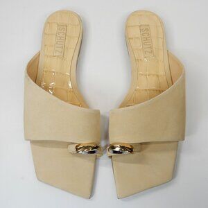 SCHUTZ Jodie Flat Slide Sandal Size 8 Suede Leather Beige Nude Gold Toe Ring NEW